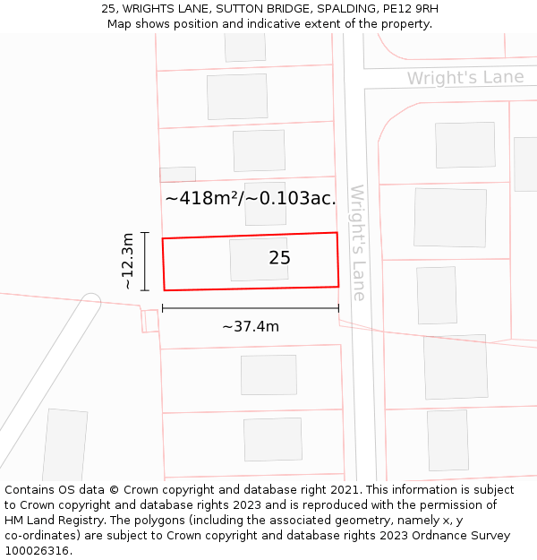 25, WRIGHTS LANE, SUTTON BRIDGE, SPALDING, PE12 9RH: Plot and title map