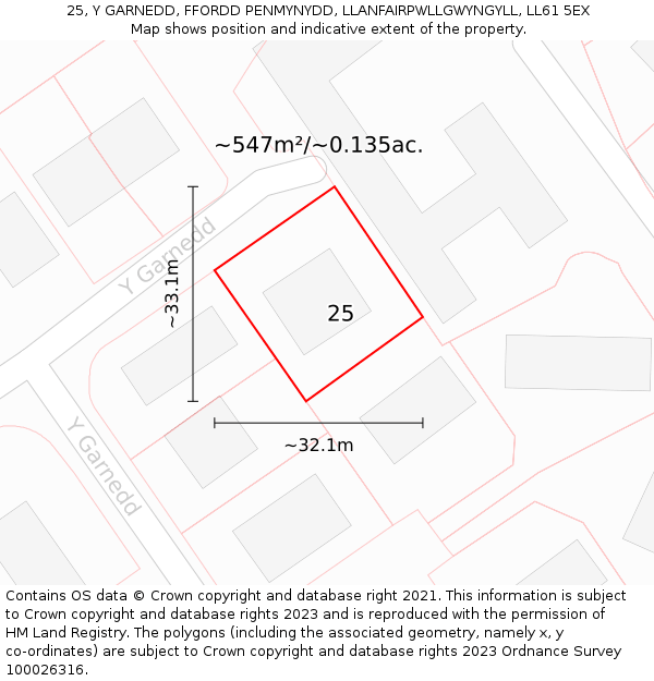 25, Y GARNEDD, FFORDD PENMYNYDD, LLANFAIRPWLLGWYNGYLL, LL61 5EX: Plot and title map