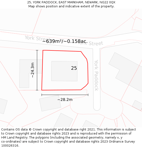 25, YORK PADDOCK, EAST MARKHAM, NEWARK, NG22 0QX: Plot and title map