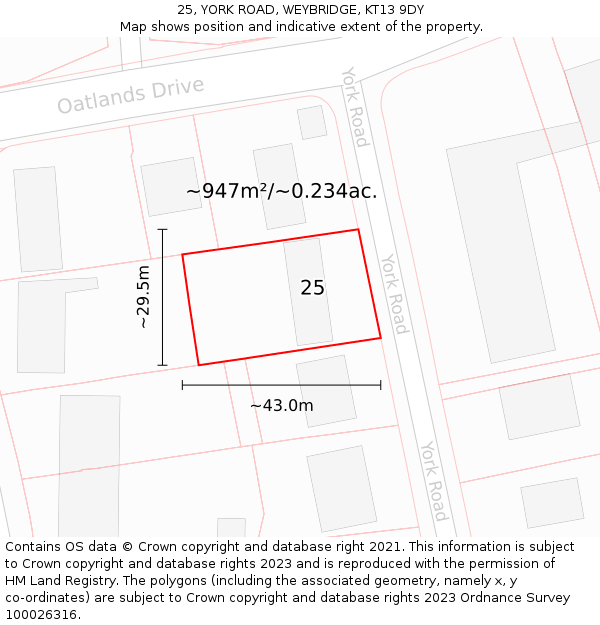 25, YORK ROAD, WEYBRIDGE, KT13 9DY: Plot and title map
