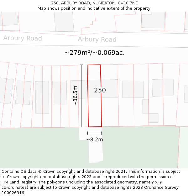 250, ARBURY ROAD, NUNEATON, CV10 7NE: Plot and title map