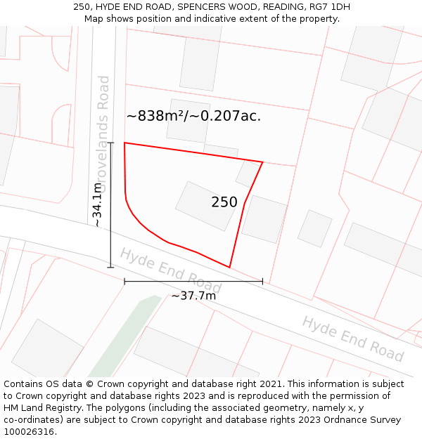 250, HYDE END ROAD, SPENCERS WOOD, READING, RG7 1DH: Plot and title map