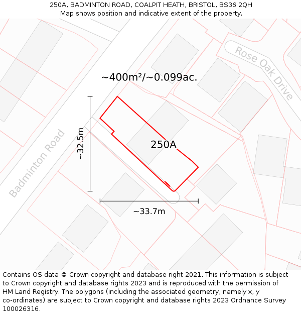 250A, BADMINTON ROAD, COALPIT HEATH, BRISTOL, BS36 2QH: Plot and title map