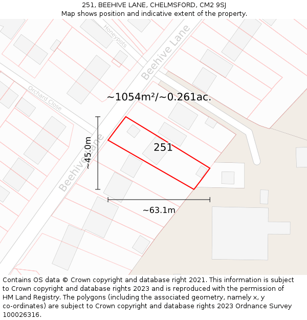 251, BEEHIVE LANE, CHELMSFORD, CM2 9SJ: Plot and title map