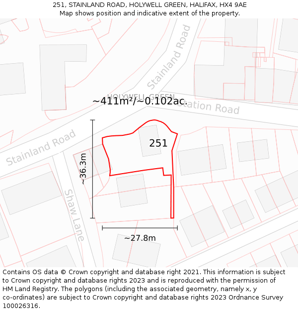 251, STAINLAND ROAD, HOLYWELL GREEN, HALIFAX, HX4 9AE: Plot and title map