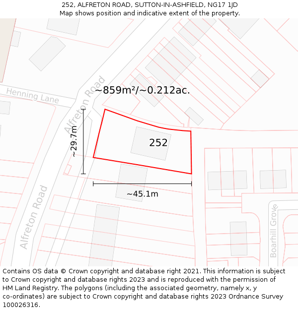 252, ALFRETON ROAD, SUTTON-IN-ASHFIELD, NG17 1JD: Plot and title map