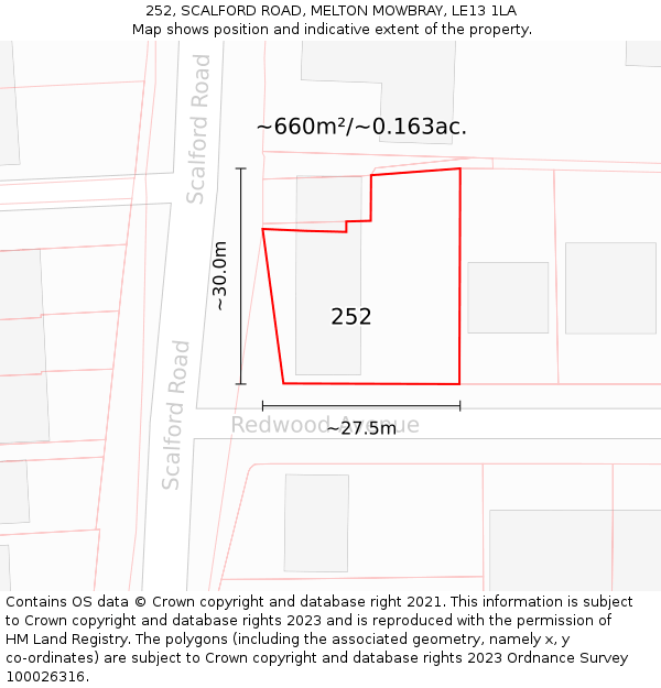 252, SCALFORD ROAD, MELTON MOWBRAY, LE13 1LA: Plot and title map