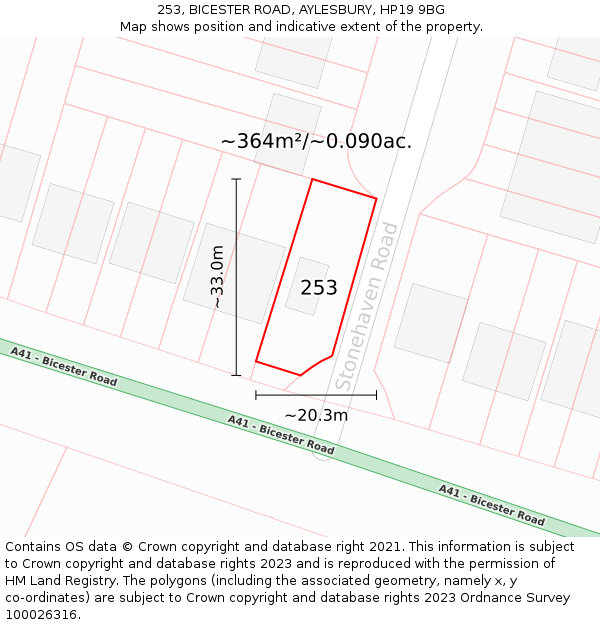 253, BICESTER ROAD, AYLESBURY, HP19 9BG: Plot and title map
