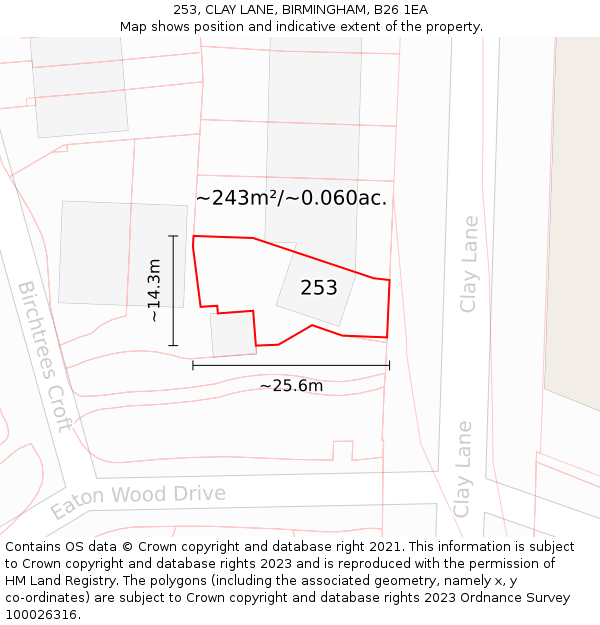 253, CLAY LANE, BIRMINGHAM, B26 1EA: Plot and title map