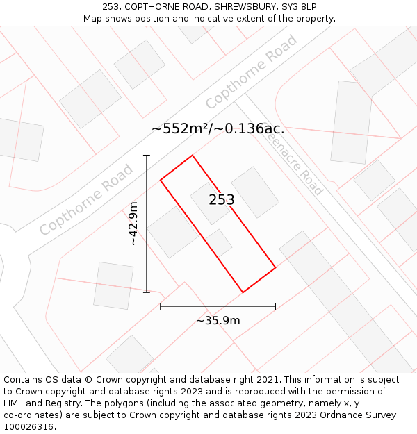 253, COPTHORNE ROAD, SHREWSBURY, SY3 8LP: Plot and title map