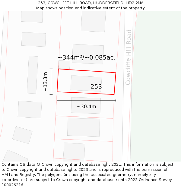 253, COWCLIFFE HILL ROAD, HUDDERSFIELD, HD2 2NA: Plot and title map