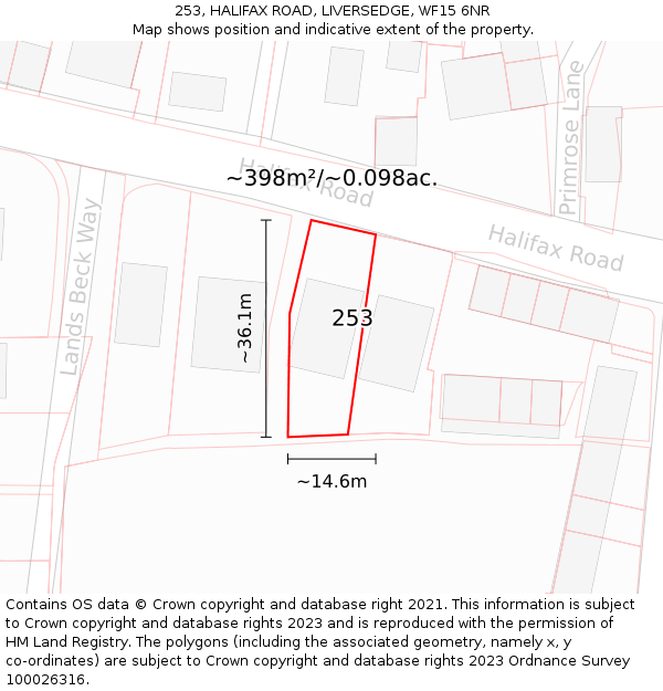 253, HALIFAX ROAD, LIVERSEDGE, WF15 6NR: Plot and title map