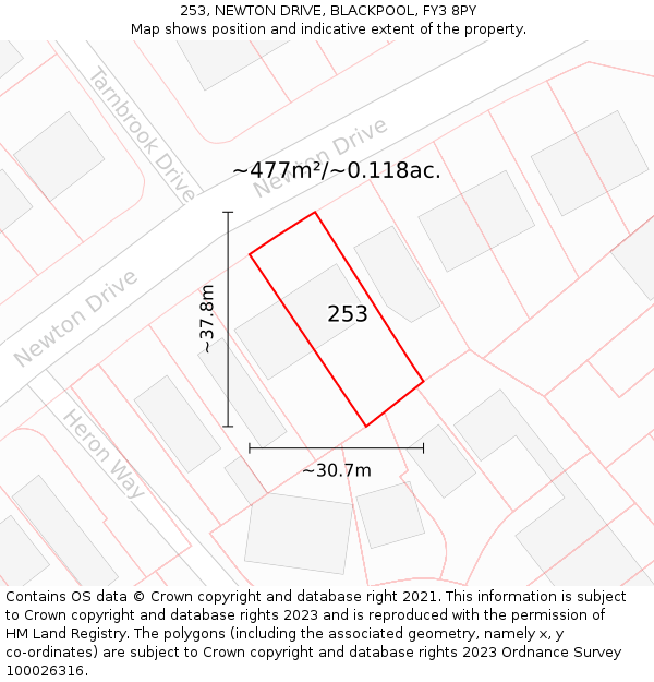 253, NEWTON DRIVE, BLACKPOOL, FY3 8PY: Plot and title map