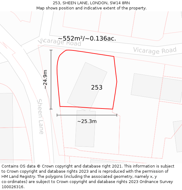 253, SHEEN LANE, LONDON, SW14 8RN: Plot and title map