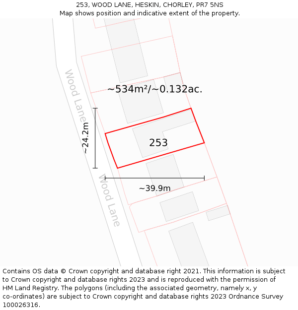 253, WOOD LANE, HESKIN, CHORLEY, PR7 5NS: Plot and title map