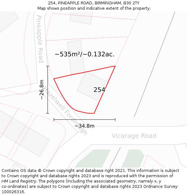 254, PINEAPPLE ROAD, BIRMINGHAM, B30 2TY: Plot and title map