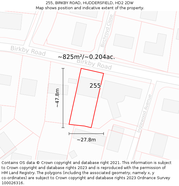 255, BIRKBY ROAD, HUDDERSFIELD, HD2 2DW: Plot and title map