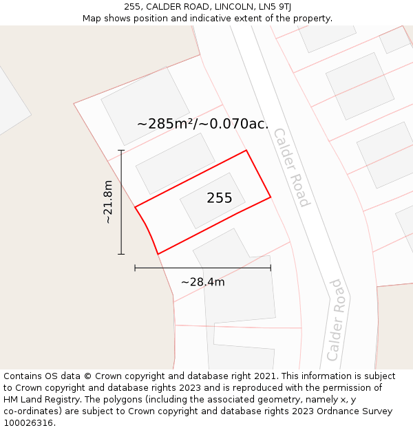 255, CALDER ROAD, LINCOLN, LN5 9TJ: Plot and title map