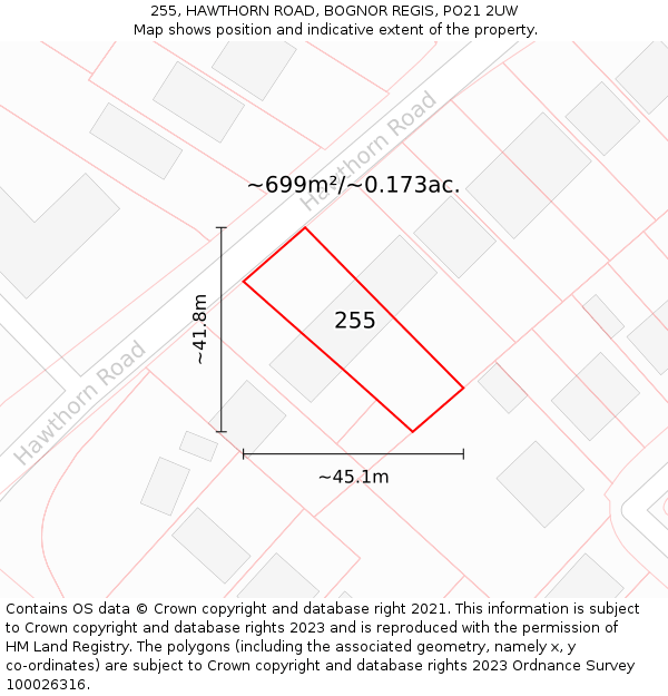 255, HAWTHORN ROAD, BOGNOR REGIS, PO21 2UW: Plot and title map