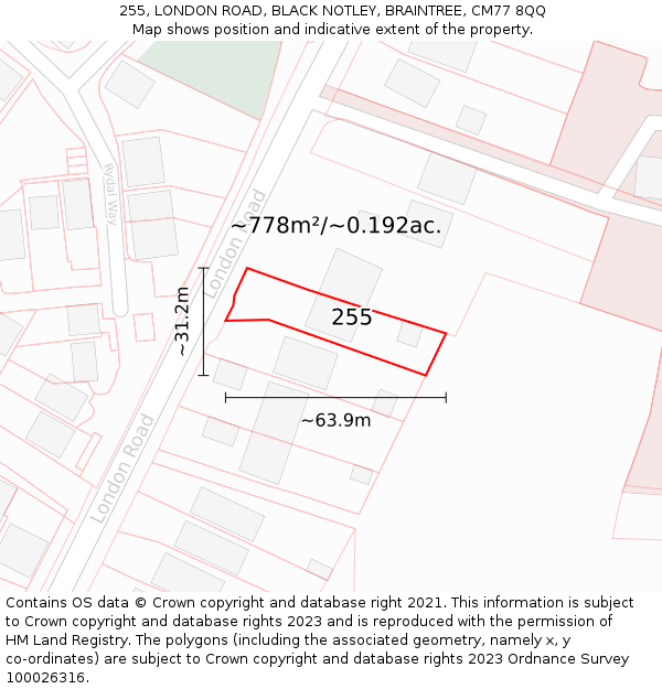 255, LONDON ROAD, BLACK NOTLEY, BRAINTREE, CM77 8QQ: Plot and title map