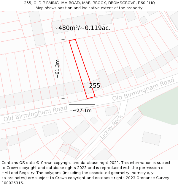 255, OLD BIRMINGHAM ROAD, MARLBROOK, BROMSGROVE, B60 1HQ: Plot and title map