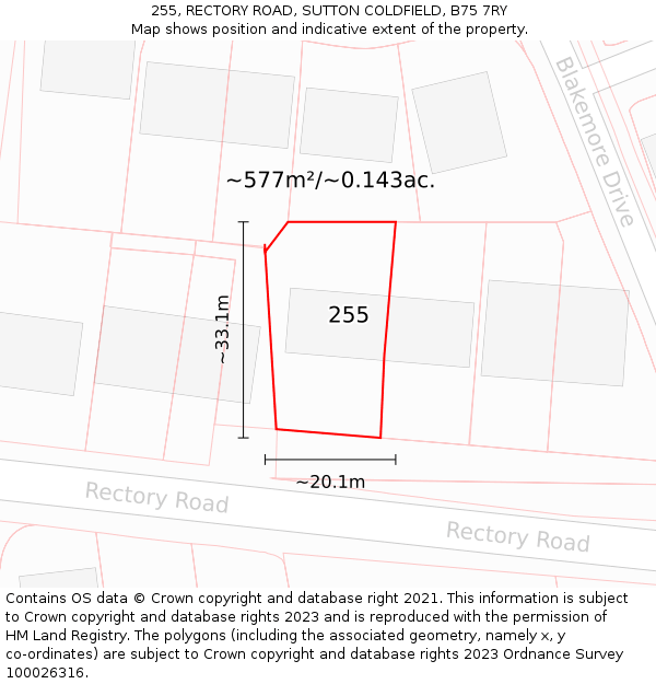 255, RECTORY ROAD, SUTTON COLDFIELD, B75 7RY: Plot and title map