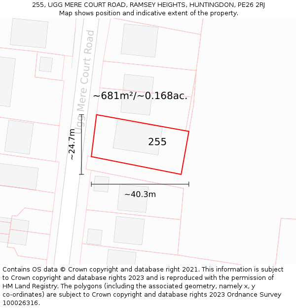 255, UGG MERE COURT ROAD, RAMSEY HEIGHTS, HUNTINGDON, PE26 2RJ: Plot and title map