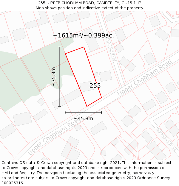 255, UPPER CHOBHAM ROAD, CAMBERLEY, GU15 1HB: Plot and title map