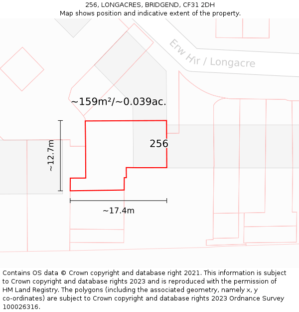 256, LONGACRES, BRIDGEND, CF31 2DH: Plot and title map