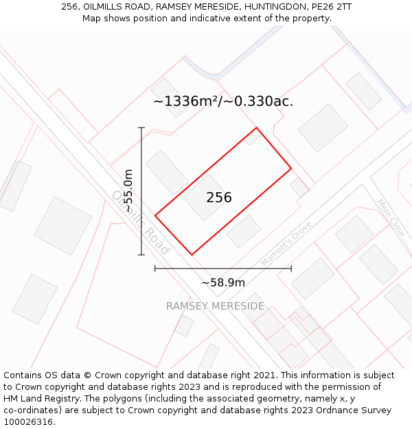 256, OILMILLS ROAD, RAMSEY MERESIDE, HUNTINGDON, PE26 2TT: Plot and title map