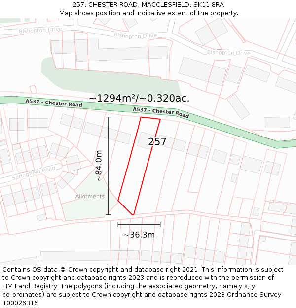 257, CHESTER ROAD, MACCLESFIELD, SK11 8RA: Plot and title map