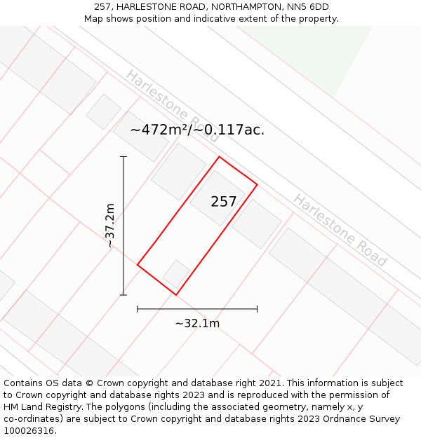257, HARLESTONE ROAD, NORTHAMPTON, NN5 6DD: Plot and title map