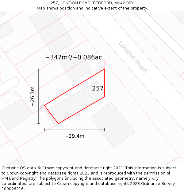 257, LONDON ROAD, BEDFORD, MK42 0PX: Plot and title map