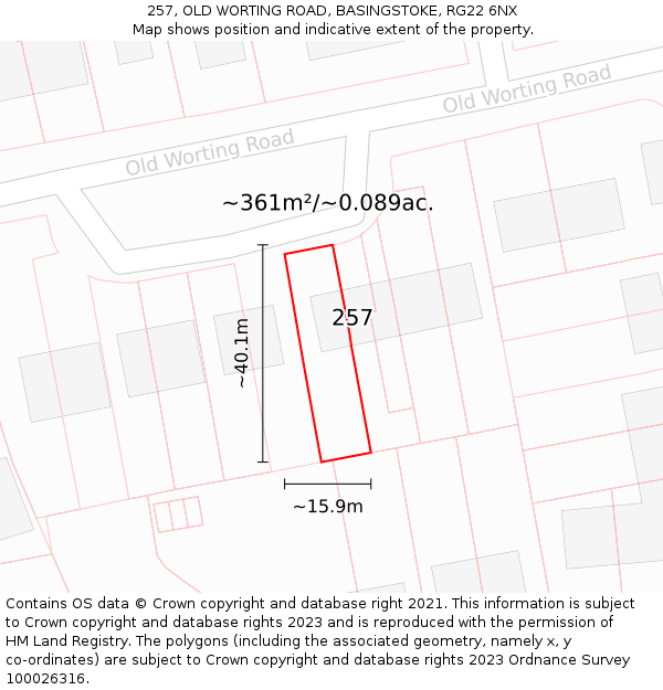 257, OLD WORTING ROAD, BASINGSTOKE, RG22 6NX: Plot and title map