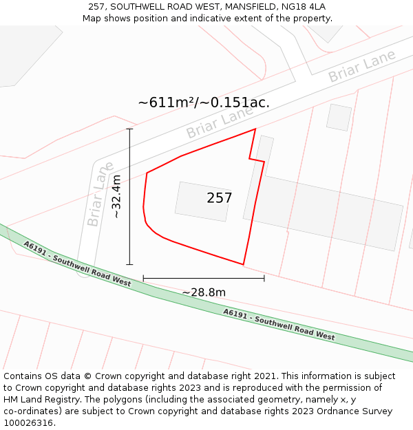 257, SOUTHWELL ROAD WEST, MANSFIELD, NG18 4LA: Plot and title map