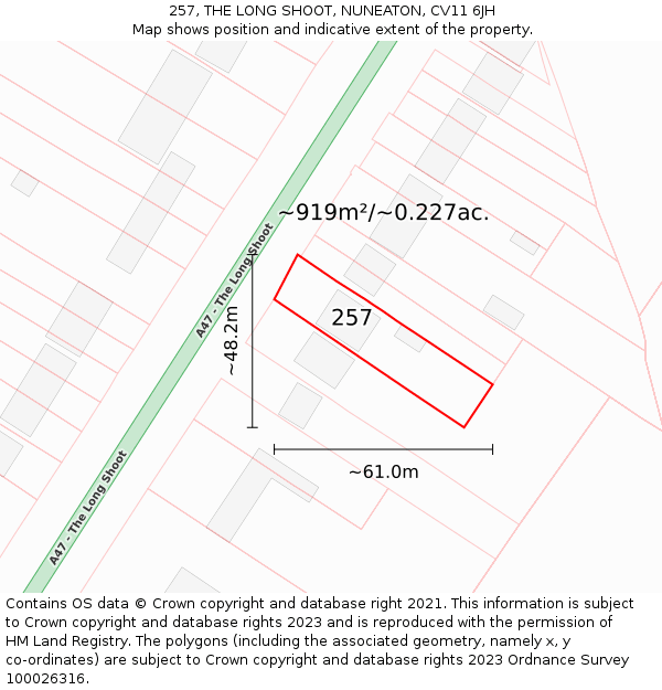 257, THE LONG SHOOT, NUNEATON, CV11 6JH: Plot and title map