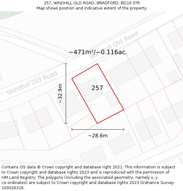 257, WINDHILL OLD ROAD, BRADFORD, BD10 0TR: Plot and title map