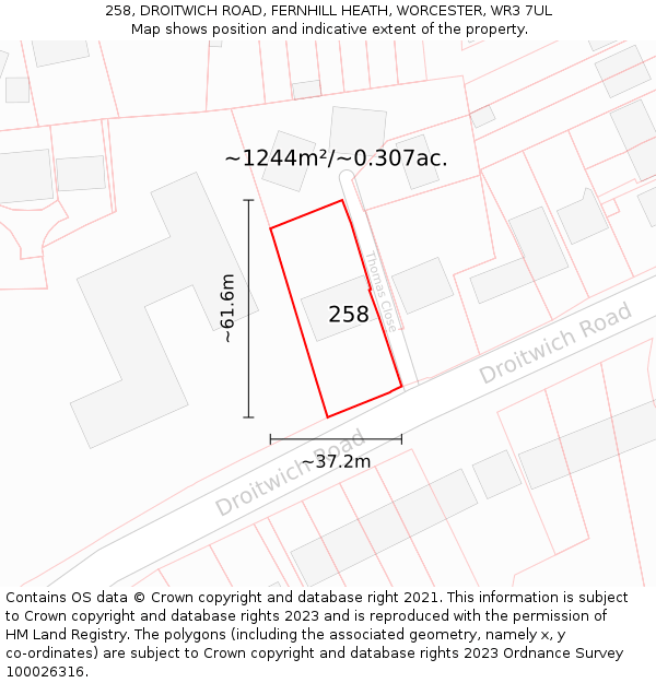 258, DROITWICH ROAD, FERNHILL HEATH, WORCESTER, WR3 7UL: Plot and title map
