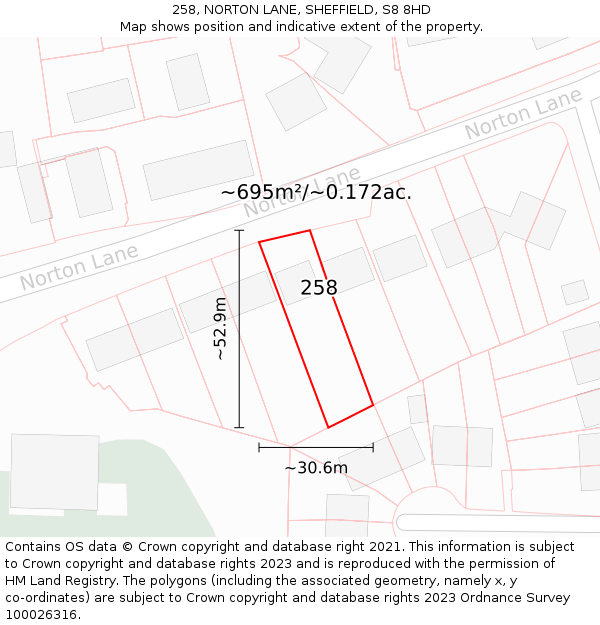 258, NORTON LANE, SHEFFIELD, S8 8HD: Plot and title map