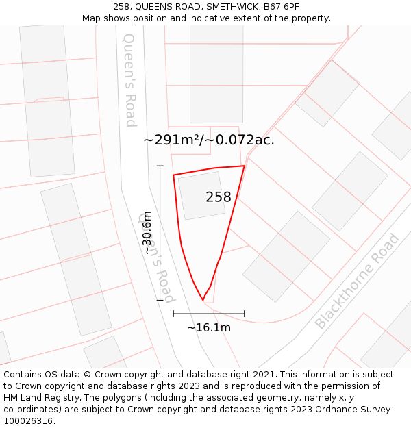 258, QUEENS ROAD, SMETHWICK, B67 6PF: Plot and title map