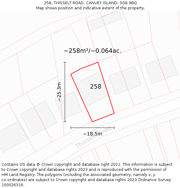 258, THISSELT ROAD, CANVEY ISLAND, SS8 9BQ: Plot and title map