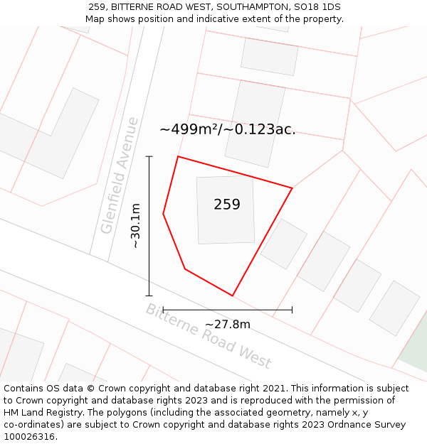 259, BITTERNE ROAD WEST, SOUTHAMPTON, SO18 1DS: Plot and title map