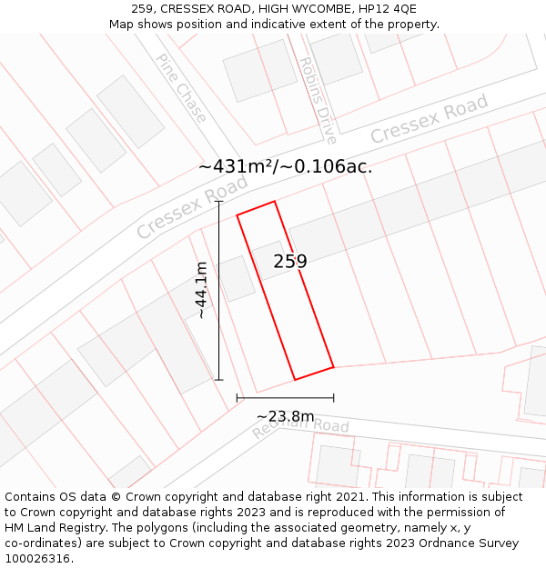 259, CRESSEX ROAD, HIGH WYCOMBE, HP12 4QE: Plot and title map