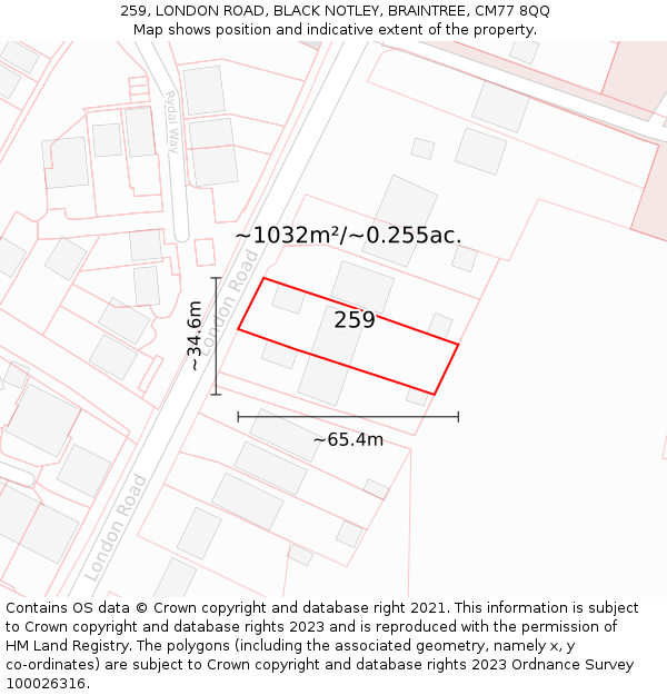 259, LONDON ROAD, BLACK NOTLEY, BRAINTREE, CM77 8QQ: Plot and title map