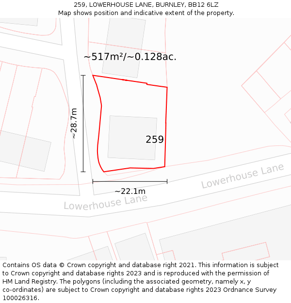 259, LOWERHOUSE LANE, BURNLEY, BB12 6LZ: Plot and title map