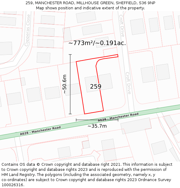 259, MANCHESTER ROAD, MILLHOUSE GREEN, SHEFFIELD, S36 9NP: Plot and title map