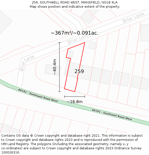 259, SOUTHWELL ROAD WEST, MANSFIELD, NG18 4LA: Plot and title map