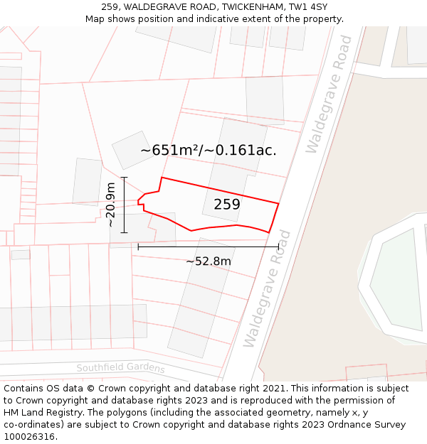 259, WALDEGRAVE ROAD, TWICKENHAM, TW1 4SY: Plot and title map