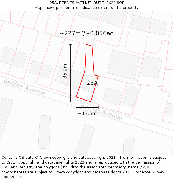 25A, BERRIES AVENUE, BUDE, EX23 8QE: Plot and title map