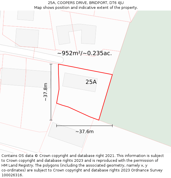25A, COOPERS DRIVE, BRIDPORT, DT6 4JU: Plot and title map